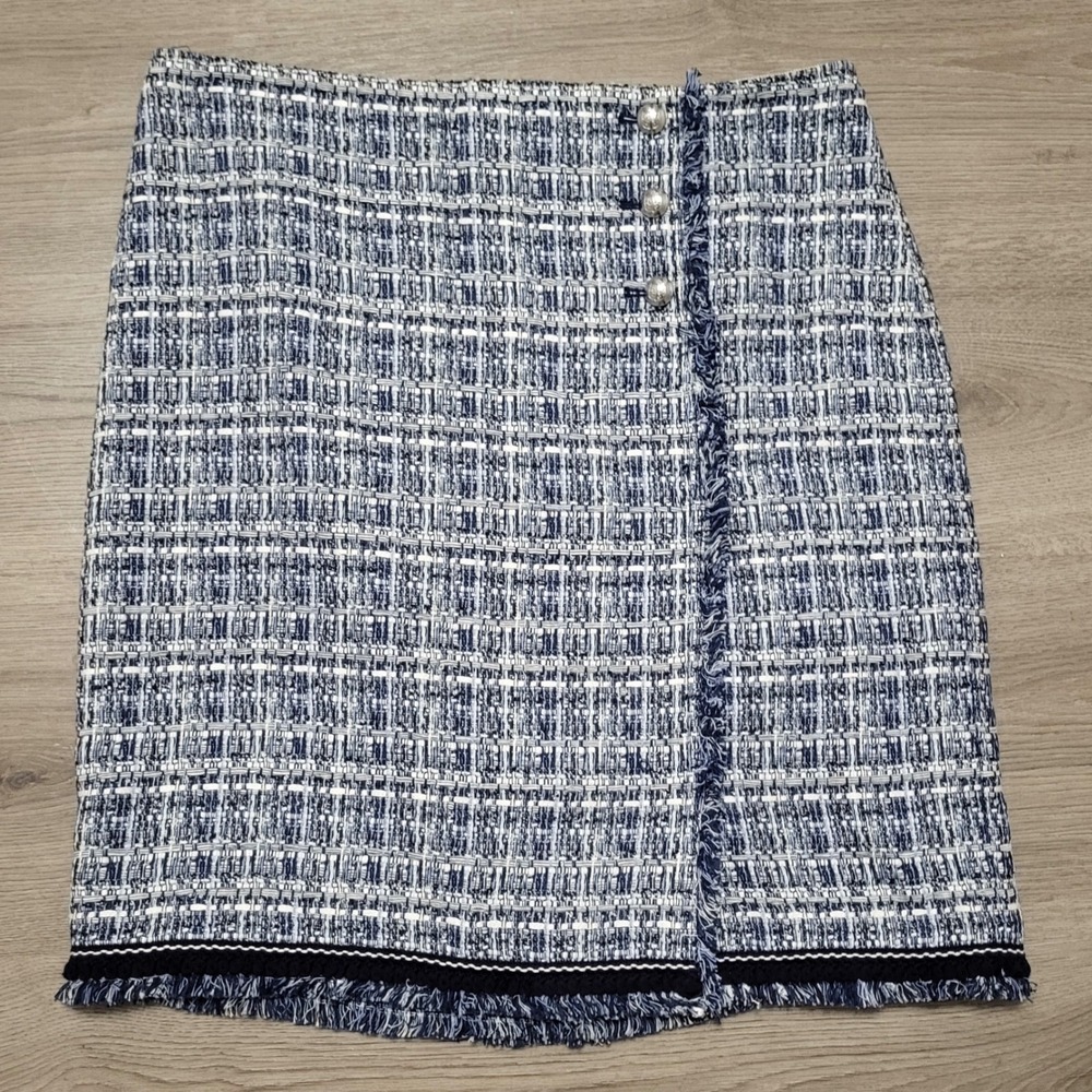 Talbots Petites Tweed Button Frontโ Fringe Skirt Wrap Navy Blue White Size 12P